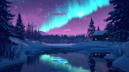 Fototapeta premium An otherworldly, enchanting nocturnal landscape bathed in the ethereal glow of the aurora borealis, sunset in the mountains, night in the mountains