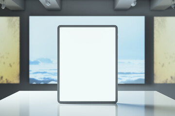 Blank tablet screen on a podium in a modern display room with blurred abstract background elements. 3D Rendering