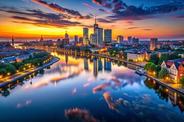 Fototapeta premium Serene City Skyline Reflection at Twilight - Drone View