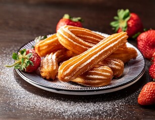 Generated image Churros on a decorative plate with fresh strawberries and a dusting of powdered sugar
