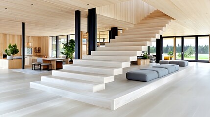 Fototapeta premium Modern Minimalist Wooden Staircase Interior Design