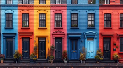 The illustration showcases colorful doors in flat design, representing various houses and buildings