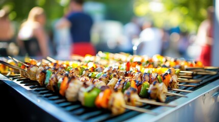Vibrant Thai Street Food Cart Offering Freshly Grilled Skewers with Colorful Vegetables Perfect for Food Lovers and Culinary Enthusiasts