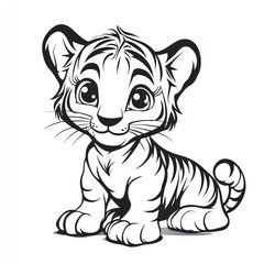 Cute cartoon tiger cub sitting, white background, coloring page (3)