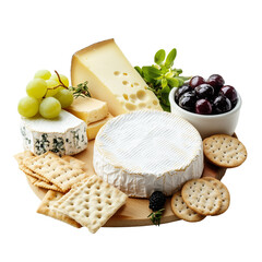 Close-up of a wooden cheese board featuring gourmet cheeses, fresh grapes, and crunchy crackers  on transparent png background