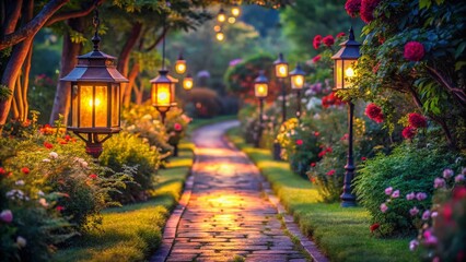 Obraz premium Serene Evening Garden Path: Illuminated Lanterns & Lush Nature