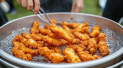 Fototapeta premium Freshly Fried Thai Style Chicken Served by Vendor, Capturing the Crispy Texture and Delicious Flavor in a Vibrant Outdoor Setting