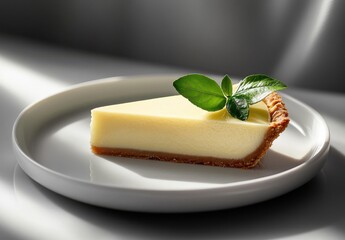 Creamy Cheesecake Slice on Plate with Fresh Green Leaves and Subtle Lighting, Perfect for Dessert, Culinary, and Food Photography Projects