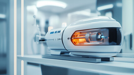 Medical Innovation: Futuristic medical device, glowing orange core, on a shelf in a sterile lab. Close-up detail shot. 