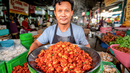 Fototapeta premium Spicy fried snacks an authentic street food experience in a bustling local market