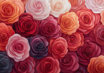 Vibrant rose pattern with radiant red, pink, and orange hues creating romantic texture