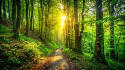 Obraz premium Serene Green Forest Trail: Lush Canopy & Winding Path Stock Photo