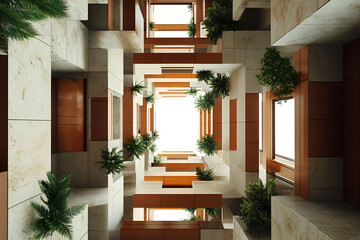 Architectural Atrium:  A stunning low-angle shot captures the intricate, layered design of a modern building's atrium.  Natural light streams in.