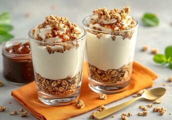 Creamy dessert in glass cups with granola topping and caramel drizzle showcasing a delicious and inviting treat perfect for any occasion or celebration