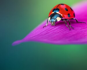 Macro view of a ladybug on a vibrant purple petal with a dreamy blurred green background