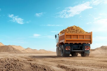 A powerful work truck hauling materials in an open landscape.

