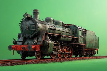 Fototapeta premium Rustic green steam locomotive on tracks.