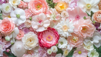 A vibrant arrangement of large, blooming flowers in shades of pink, peach, and blue.