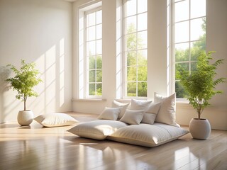 Serene Minimalist Bedroom Interior: Soft White Pillows & Gentle Light