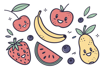 Colorful hand-drawn fruit illustrations, playful cartoon style, isolated fruit icons on white background, vibrant colors, simple shapes, watercolor texture, assorted fruits and berries, flat design, c
