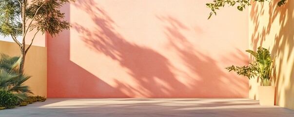Empty patio with tropical plants casting shadows on a colorful wall