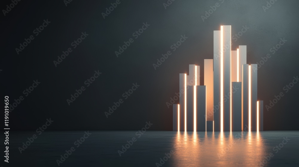 Poster a 3d rendered bar chart with glowing bars of different heights, against a dark background, highlight