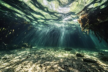 Obraz premium Sunlight filters through clear water illuminating a serene underwater landscape in a tropical setting