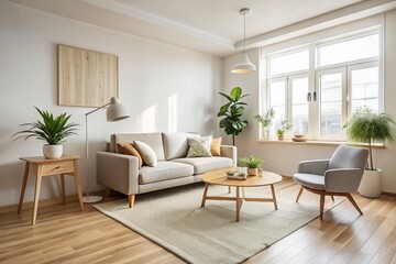 Fototapeta premium Serene Minimalist Living Room: Soft Hues, Natural Light, Calm Atmosphere