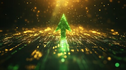 Futuristic Digital Arrow Symbolizing Growth and Success in a Technological Matrix Background with Glowing Particles