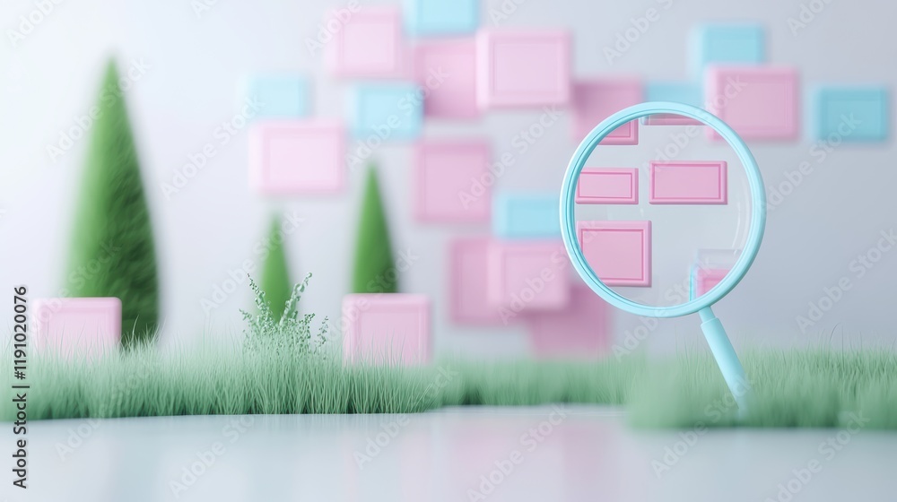 Poster a 3d rendered magnifying glass examining a website structure, with keywords floating around, illustr