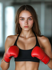 Young boxer training with red gloves in a gym