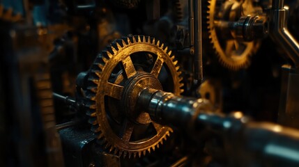 Fototapeta premium Intricate brass gears gleam in a detailed close-up, their functional elegance and mechanical precision embodying the heart of industrial technology.