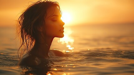 The silhouette of a woman backlit by the sun as she stands in the water, creating a gentle, warm effect