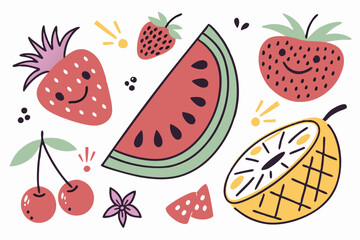 Colorful hand-drawn fruit illustrations, playful cartoon style, isolated fruit icons on white background, vibrant colors, simple shapes, watercolor texture, assorted fruits and berries, flat design, c