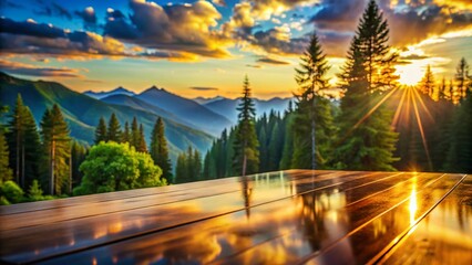 Serene Mountain Vista: Reflective Table in Pine Forest - Stock Photo