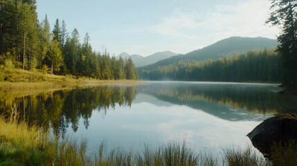 Obraz premium Tranquil Morning View of Misty Lake Surrounded by Lush Forest and Majestic Mountains in Nature