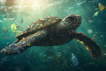 Fototapeta premium sea turtle made entirely from plastic garbage with its shell pieced together from colorful bottle caps, its fins crafted from transparent plastic bags swimming in ocean. ecological disaster. pollution