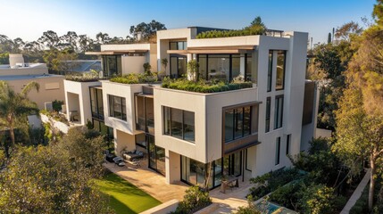 Modern multi-story residential building with rooftop gardens and manicured landscaping on a clear day