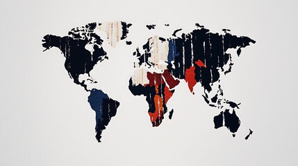 World map art with textured colors representing continents and regions on a neutral background