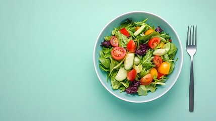 Fresh Vibrant Salad with Colorful Vegetables in a Bowl on a Soft Blue Background