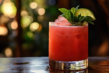 Refreshing summer cocktail garnished with mint and lime served in a glass on a wooden table
