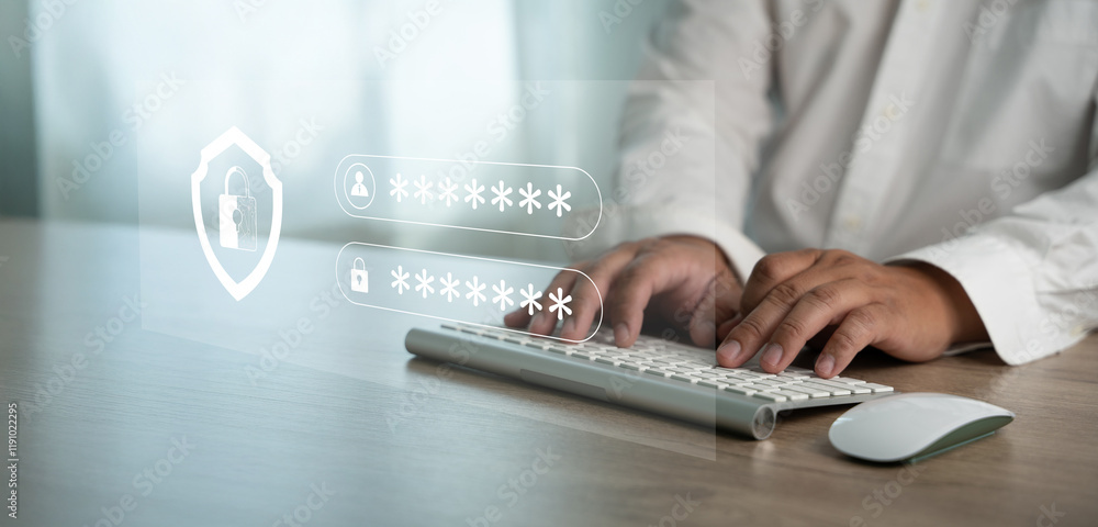 Poster password security code to protect businessman using laptop password concept. lock icon data protecti