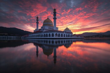 Obraz premium a majestic mosque with domes and tall minarets during dawn