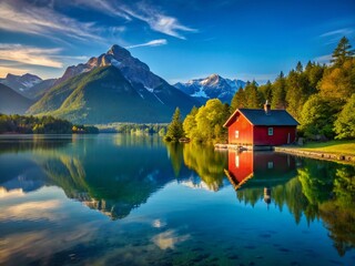 Fototapeta premium Serene Red House by Calm Lake, Mountain Landscape Stock Photo