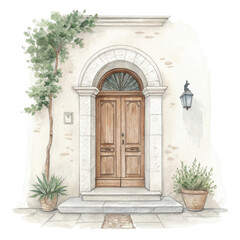 Charming Wooden Door with Potted Plants