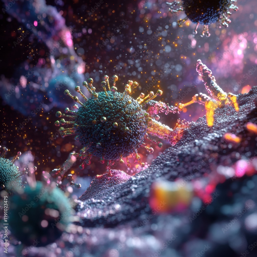Poster viruses invading human cells in a microscopic view of cellular interaction. generative ai