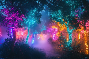 Ein surrealer, leuchtender Wald bei Nacht, in dem bunte Neonpflanzen und sich windende Bäume in verschiedenen Farben leuchten. Ein mystischer Nebel bedeckt den Boden, magische Atmosphäre