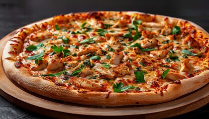 A delicious chicken pizza with melted mozzarella cheese and fresh parsley on a wooden board.