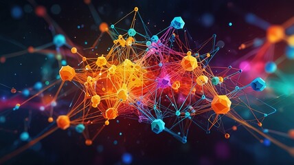 Abstract rainbow colored polygonal neural connections on dark space background