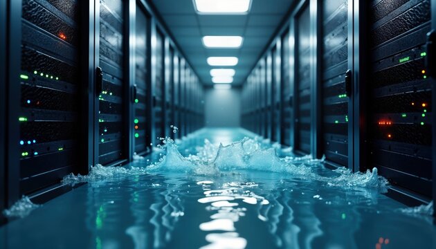 Water floods datacenter. Flooded corridor. Servers, tech equipment submerged. Emergency recovery situation. Water damage to critical infrastructure. Business disruption risk. Disaster recovery plan - Powered by Adobe